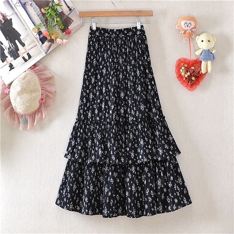 Women Summer Elegant Floral Printed MidCalf Chiffon Skirts Ladies Streetwear Girls High Waist Casual Long Tiered Skirt DS233 220701