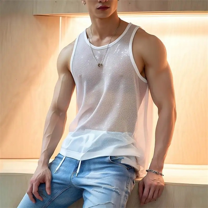 Summer Mens Clothing Knit Hollw Out Tank Tops O Neck Sleeveless Mesh Sexy Solid Color Vest Breathable Knitwear S-3XL 250519