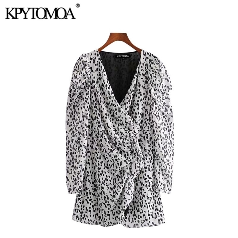 Women Chic Fashion Animal Print Ruffled Mini Dress Wrap V Neck Puff Sleeve Female Dresses Vestidos Mujer 210420