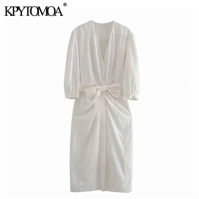 Women Chic Fashion With Belt Button-up Midi Dress V Neck Three Quarter Sleeves Female Dresses Vestidos 210420