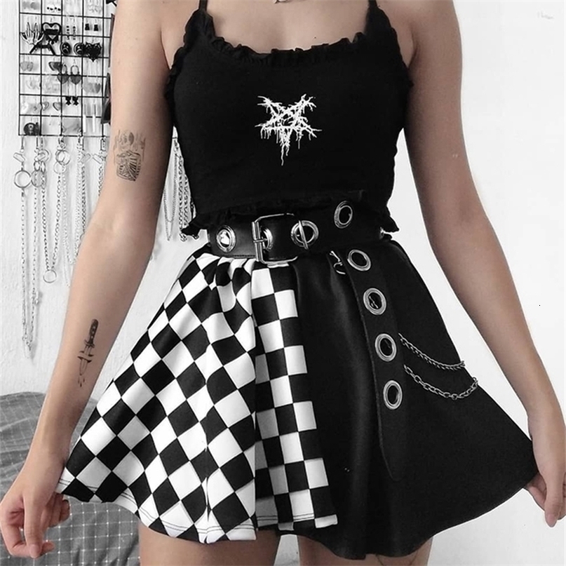 InsGoth Punk Skirt Gothic Plaid A Line Mini Skirts Harajuku Streetwear Sexy Plaid Patchwork Skirt E Girl Grunge Y2K Club Wear 220701