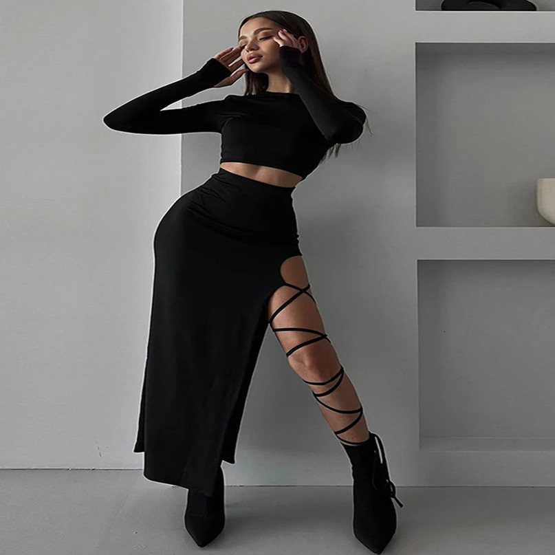 Summer Fashionable Two Piece Dress Set Long Sleeved Split Skirt Suit For Women Hollow Out Skinny Elegant Dresses 240423