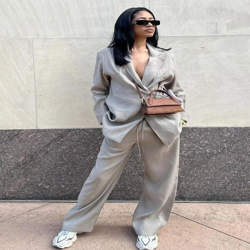 Casual Women Solid loose Blazer Set elegant Lady Lapel Lace Up Long Sleeve Wide Leg Pants Suit Office Commuting Outfit 240423
