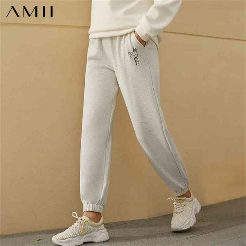 Minimalism Winter Women's Pants Causal Embroidery Elastic Waist Loose Fleece Thick Streetwear Femle Trousers 12030441 210527