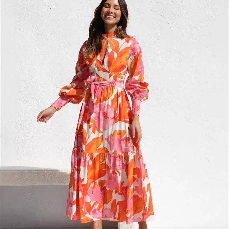 Summer Fashion Womens Elegant Temperament Dress Round Neck Long Sleeve Bohemian Printed A-line Large Swing Long Dress 250519