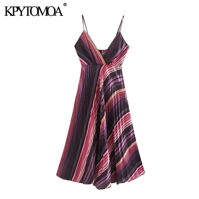 Women Chic Fashion Striped Pleated Midi Dress Backless Side Zipper Spaghetti Strap Female Dresses Vestidos 210420
