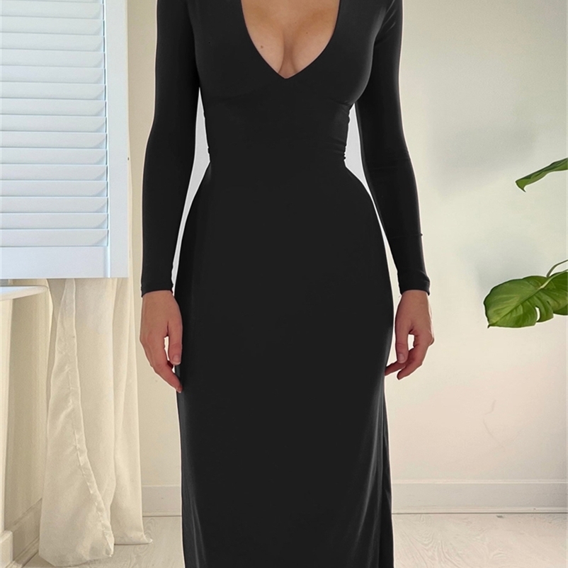 Casual Dresses Vhiuat Women Casual Long Sleeve V Neck Bodycon Midi Dresses Office Ladies Black Elegant Autumn Winter Dress Party Club Evening 230316