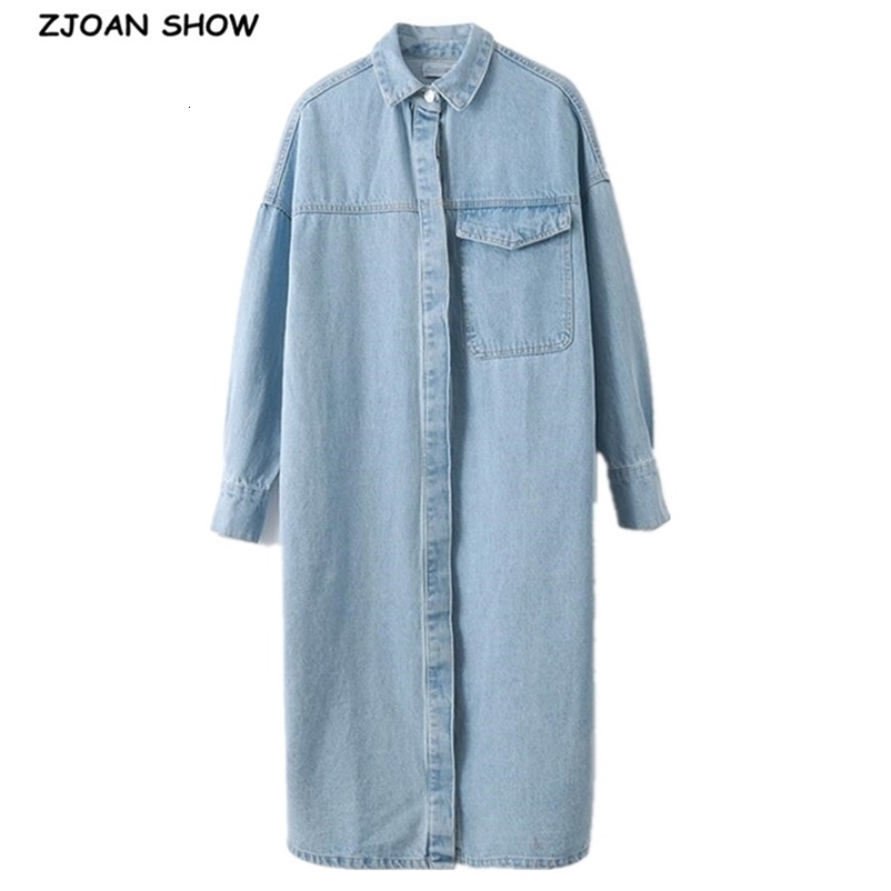 Autumn Blue Denim Long Shirt Vintage Woman Sleeve Single-breasted Blouse Single Pocket Maxi Femme Blusas Tops 210429