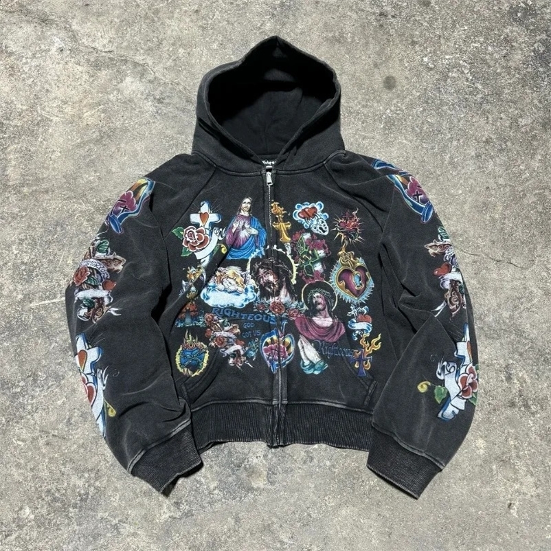 Harajuku Geometry Flower Personalized Printed Zipper Open Fleece Hoodie Mens Y2K Clothing 2000s Retro Rock Pop Sweater 240927