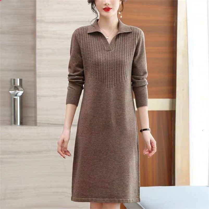 Casual Dresses Oversize Women Knitting Sweater Dress For Spring Autumn Casual Turn Collar Pullover Solid Patchwork Slim Female Dresses 230316