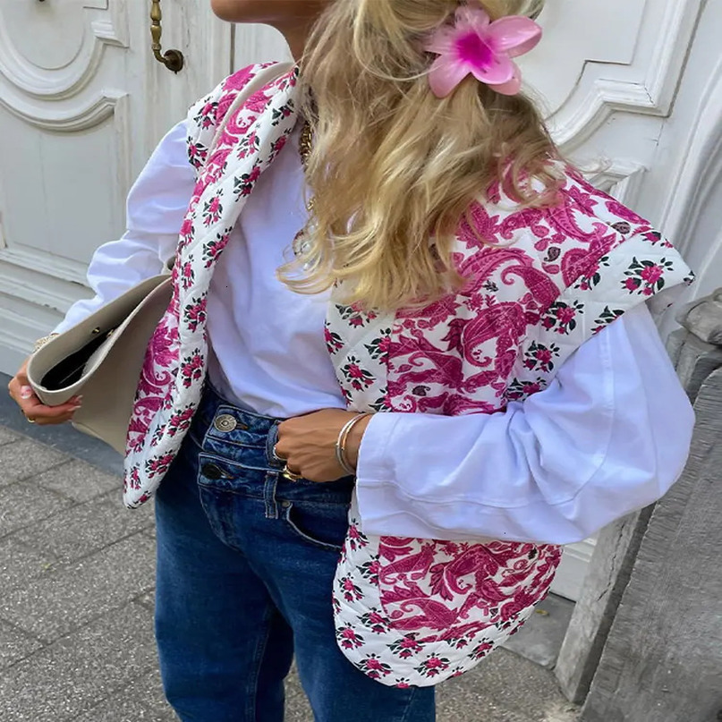 Print Pink Flower Cotton Vest For Women Elegant Sleeveless Warm Cardigan Waistcoat Autumn Lady Vintage High Streetwear 240523
