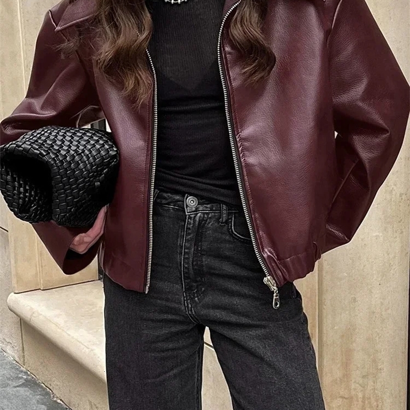 Street leather womens jacket wine red lapel long sleeved Pu womens jacket retro pocket zipper motorcycle womens jacket 241214