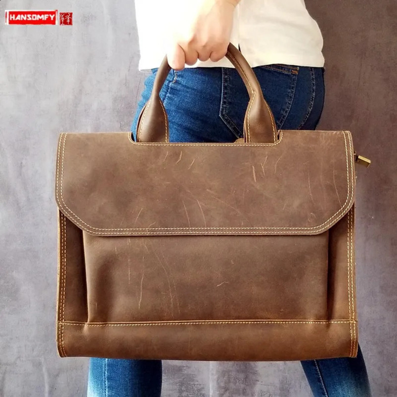 Mens handbag mens business 14 inch laptop briefcase shoulder messenger bag retro leather crazy horsehide 240906