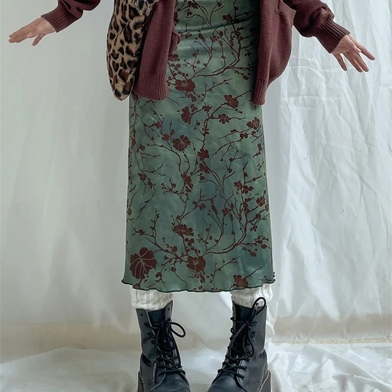 SUCHCUTE y2k Vintage Floral Printing Midi Skirts Women Harajuku Fairycore Green Straight Maxi Skirt Aesthetic Sweet Girl Clothes 240914
