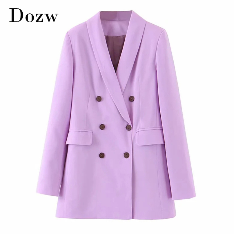 Women Double Breasted Solid Blazer Long Sleeve Shawl Collar Office Wear Blazers Pockets Purple Color Jacket Outerwaer 210414
