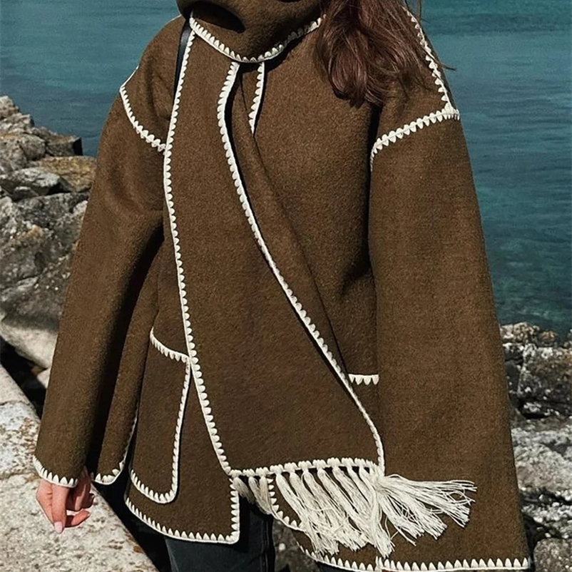 Women's Wool Blends Long Sleeve Pocket Single Breasted Female Coats Autumn Winter Loose Women's Coat With Scarf Fashion Lady Street Jackets 