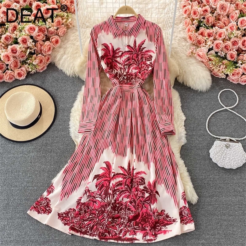 DEAT Women Printing Striped Dress Lapel Long Sleeve Arrivals Lady Temperament Fashion Spring Autumn 11D1642 210709