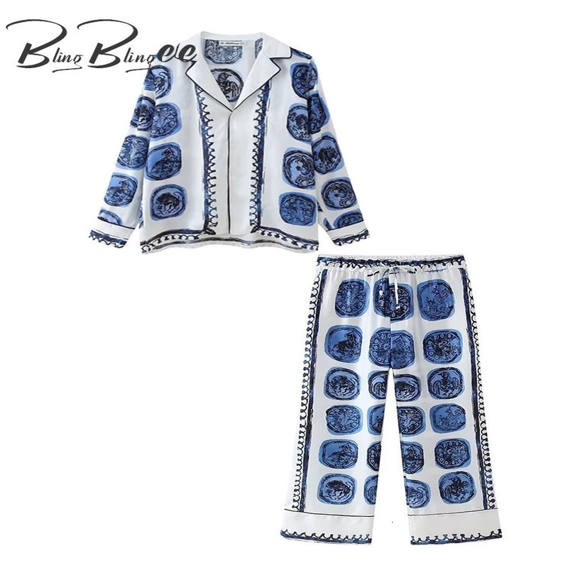 BlingBlingee Summer Pajama Style Printed Women Loose Shirt Suits Traf Buttons Blouse Female Ankle Length Wide Pants Sets Y2K 240423