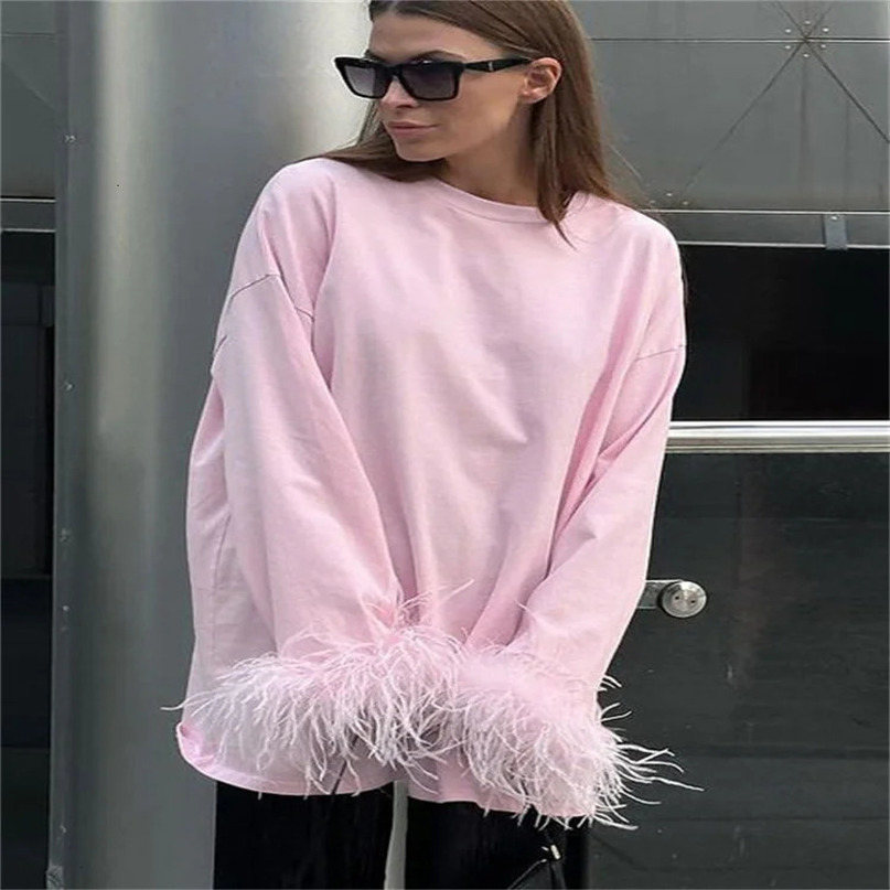 Tossy Fashion Fur Womens Patchwork Tshirt Pullover Solid Long Sleeve Loose Elegant Top Casual Spring Y2k 250407