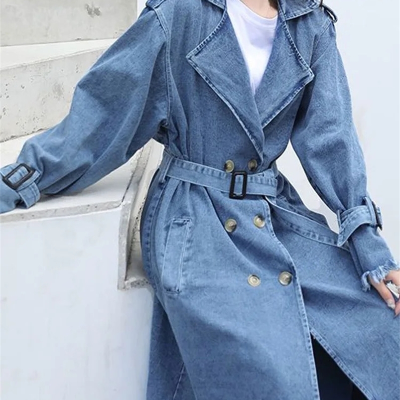 Fitaylors spring and autumn womens fashionable denim collar jacket double chest lace long denim jacket retro solid color jacket 241219