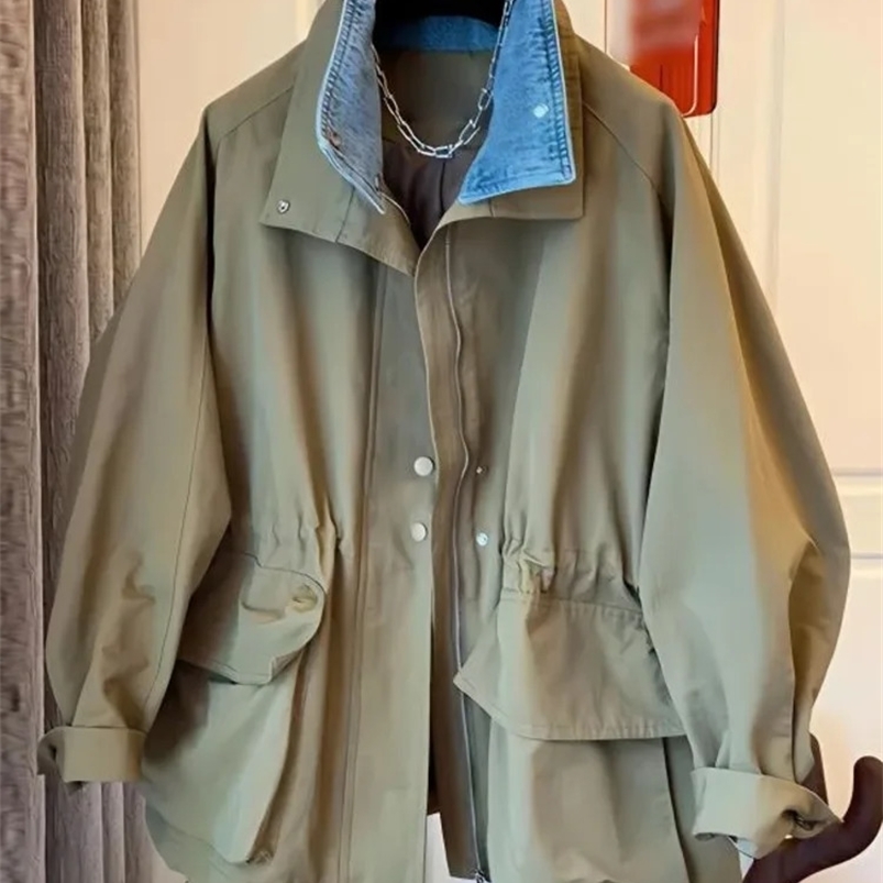 Womens denim Callor spliced khaki windproof jacket womens spring and autumn vacation two-piece streetwear womens coat 241219