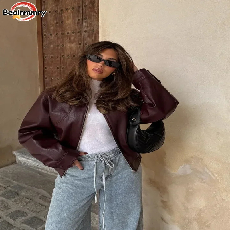 Women Burgundy Lapel Pu Short Leather Jacket Chic Zipper Long Sleeves Pocket Coat Autumn Female Commuting Street Coats 250122