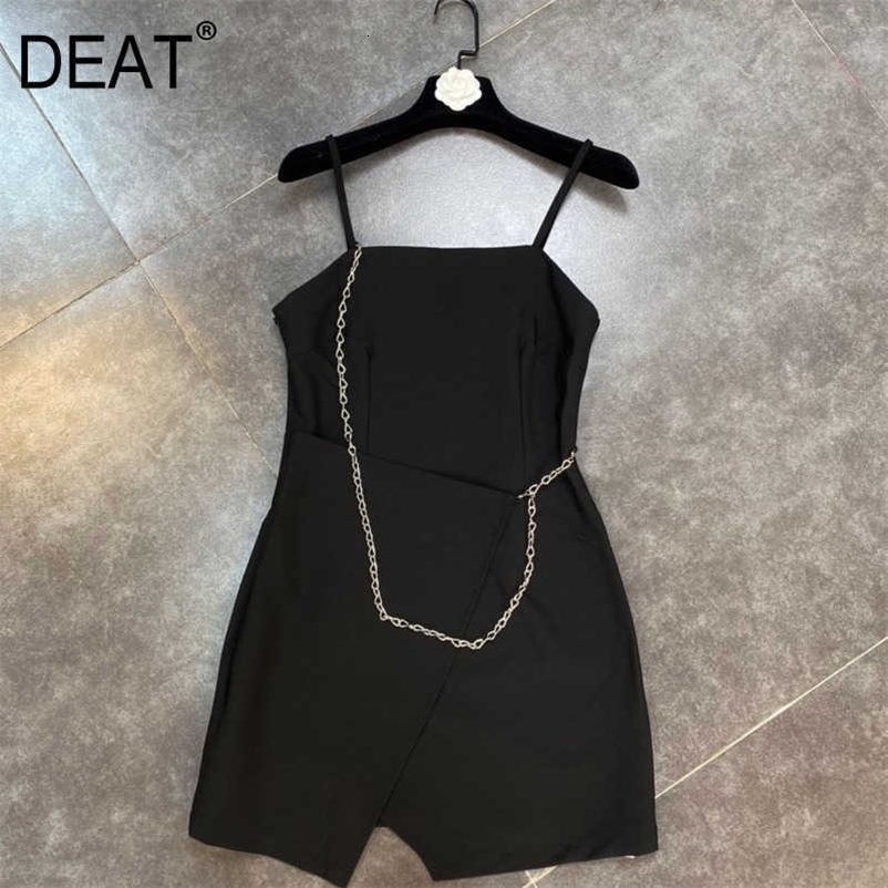 DEAT Spring Summer Fashion Casual Chain Decoration Irregular Solid Color Sleeveless Suspender Dress Women SK183 210709