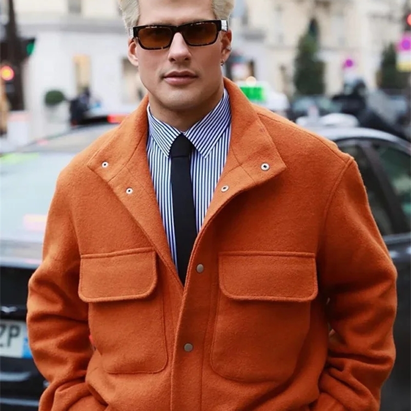 Trendy Pocket Single Breasted Men Jacket Autumn Turn Down Collar Long Sleeve Casual Warm Coat Mens Chic Solid Outwear 240912