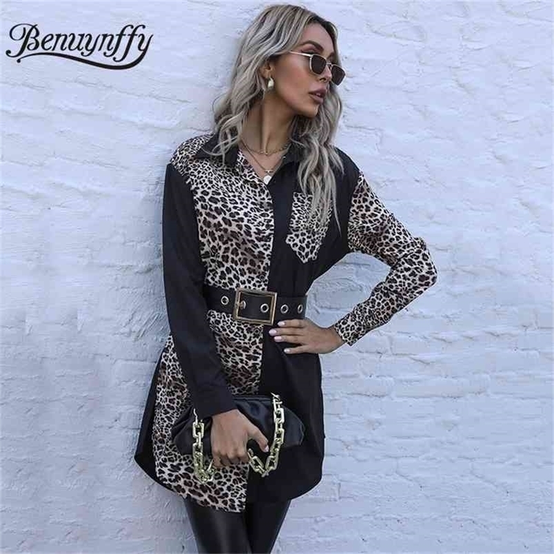 Turndown Collar Leopard Color Block Long Shirt Women Spring Sleeve Button Up Casual Blouse Without Belt 210510