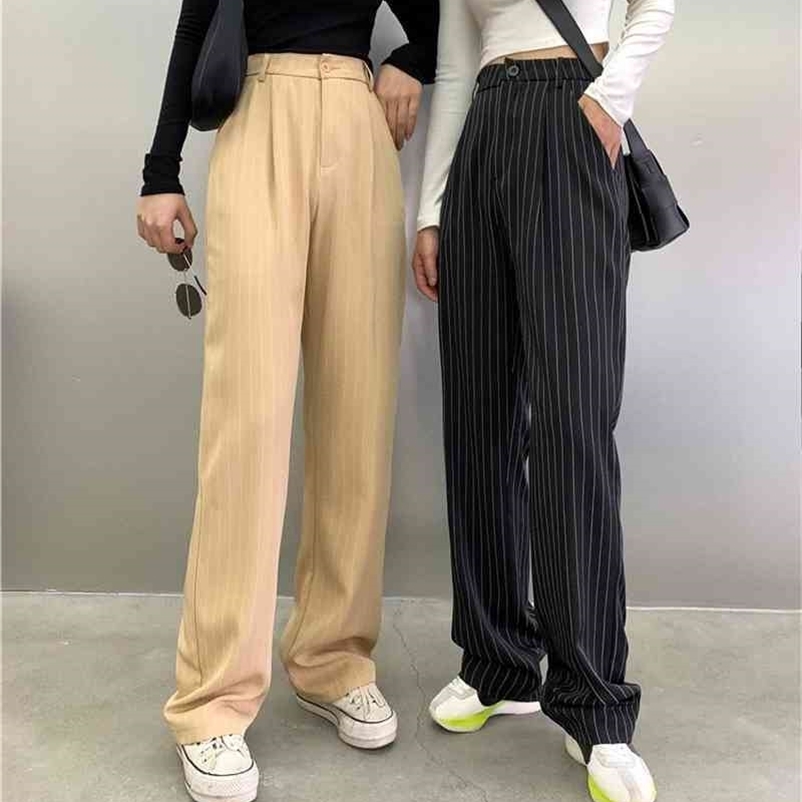 Loose Black Oversize High Waist Striped Tailored Trousers Women Chic Khaki Straight Wide Leg Pants Streetwear Retro Pantalones 210429