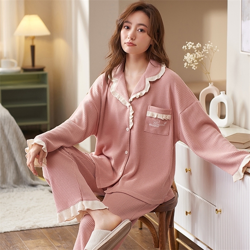 Women's Sleepwear women's pajamas cotton cardigan long-sleeved sweet fairy style loose large size can be worn outside the home clothes suit 