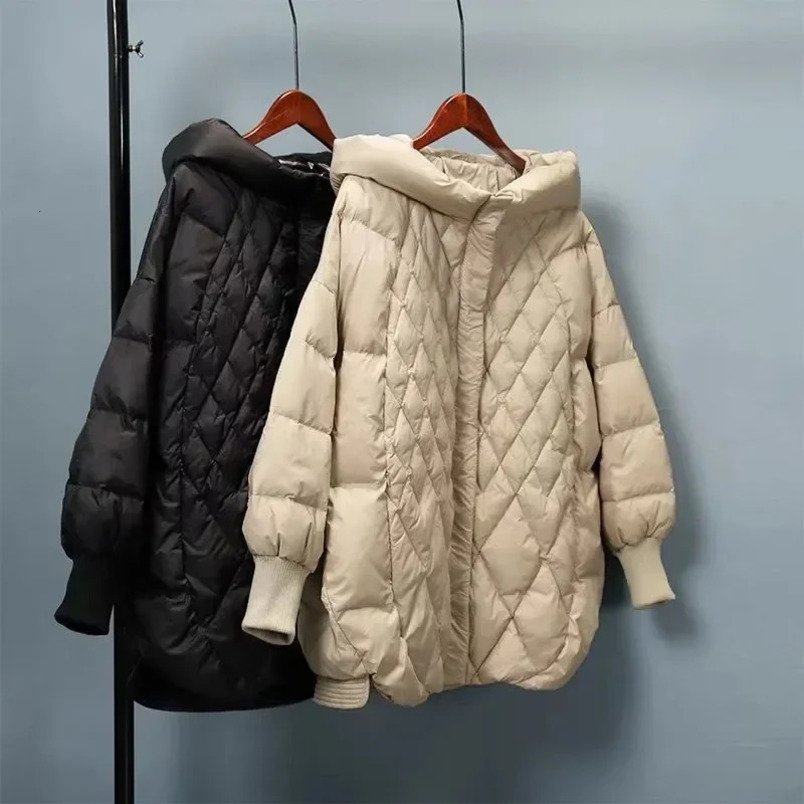 white duck down jacket womens hooded sweatshirt large diamond checkered art loose fit large-sized medium length jacket 241108