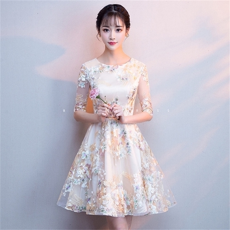Party Dress Women Champagne XS2XL Plus Size A Line Mini Dresses New Spring Summer Floral Elegant Slim Dress Vestido LD1042 T200113