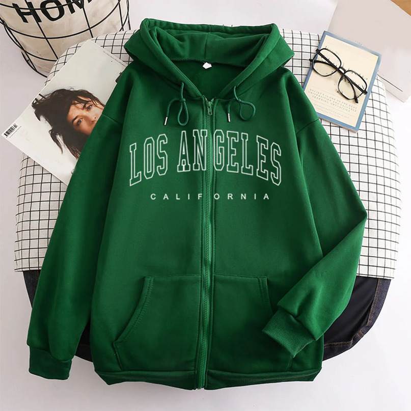 Los Angeles Letter Print Zip up Harajuku Hoodies Jacket Women Casual Oversized Sweatshirt Female Streetwear Pockets Hooded Coats 240318