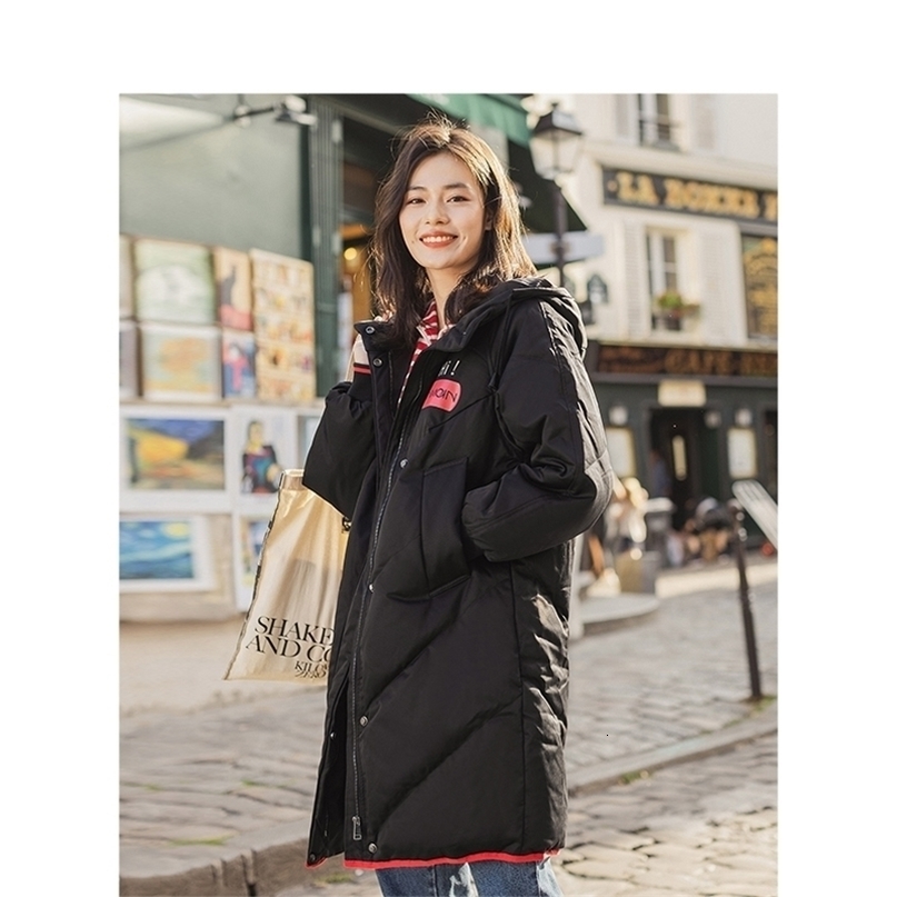 INMAN Hooded Printing Leisure Ladies Female Girl Winter Long Duck Down Leather Warm Coat Women Jackets Fashion Overcoat T200102