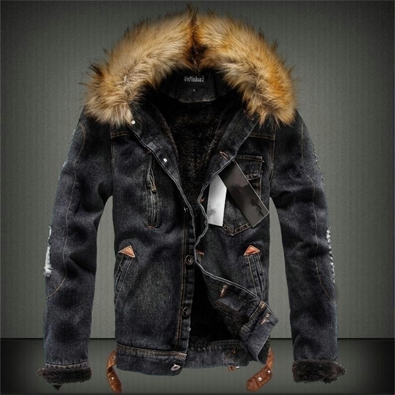 Men's Winter Thick Fleece Jacket Fashion Men Broken Patch Bomber Denim Coat Chaqueta Hombre Streetwear Clothes 201127