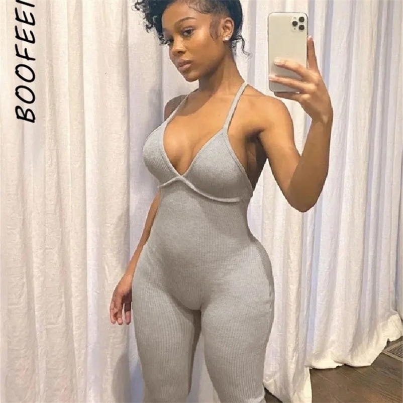 Women's Jumpsuits Rompers BOOFEENAA Comfy Grey Ribbed Knit Jumpsuit Women Fall Sexy Deep V Neck Backless Bodycon Romper C87-CZ20 231202