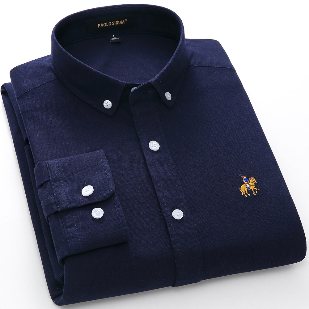 European Cotton Oxford Mens Long Sleeve Solid Color Shirt Large Cotton Embroidery Shirt 210316