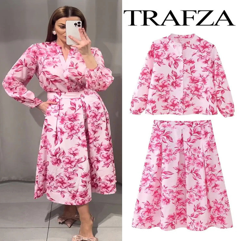 TRAFZA Women 2 Piece Set Floral Print Long Sleeves SingleBreasted Casual Shirts TopsVintage High Waist Zipper Slim Skirt 240423
