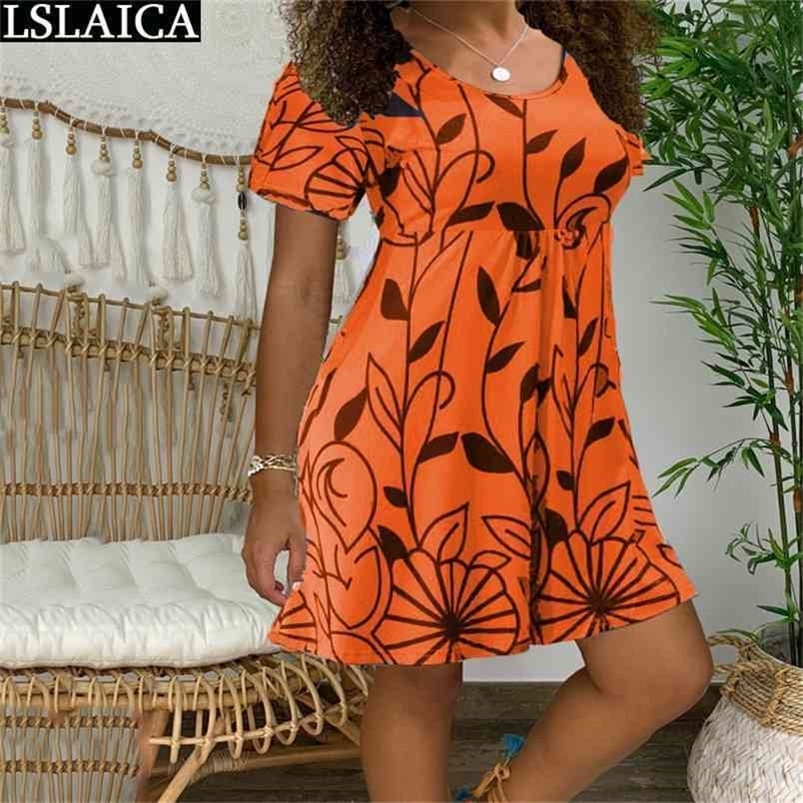 Plus Size S-5XL Summer Casual Dress Round Neck Street Hipster Print High Waist Mini A-Line Loose Roupas Femininas 210515