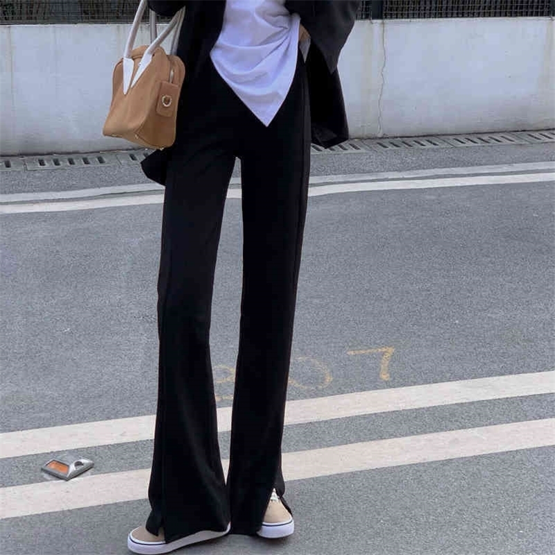 Skinny High Waist Black Split Flare Pants Women Casual Fashion Straight Bottoms Pant Streetwear Pantalones De Mujer Vintage 210429