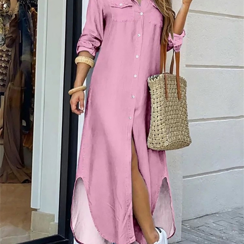 Casual Dresses Cardigan Dress Casual Irregular Women Maxi Dress Summer Solid V-Neck Long Sleeve Ladies Dress Button Holiday Vintage Streetwear 230316
