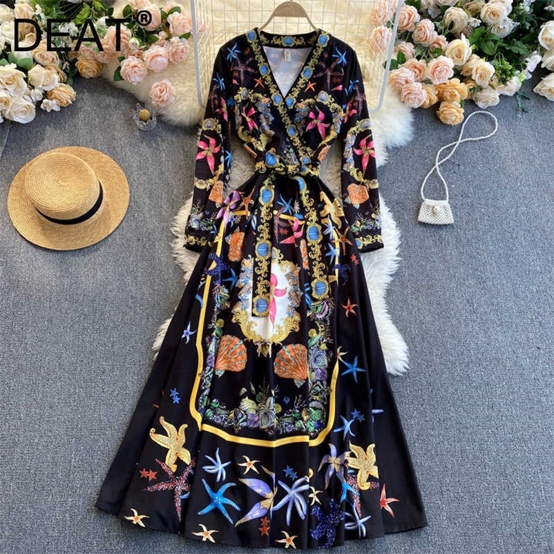 DEAT Spring Autumn Arrivals Print V-neck Long Sleeve Vintage Fashion Temperament Style A-line Midi-long Dress MZ479 210709