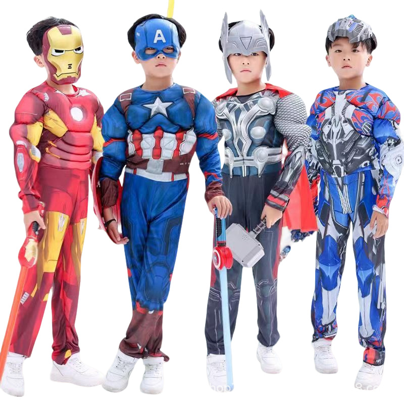 Hot sale Superhero Spider Man Captain America Iron Man Thor Hulk Batman Cosplay Costume Muscle Bodysuit Jumpsuit for Kids Halloween Party