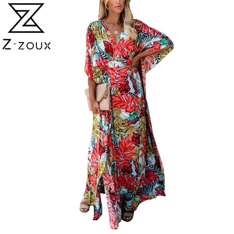 Women Dress V Neck Printed Bohemian Sexy Long Maxi es Split Loose Large Hem Plus Size es Spring 210513