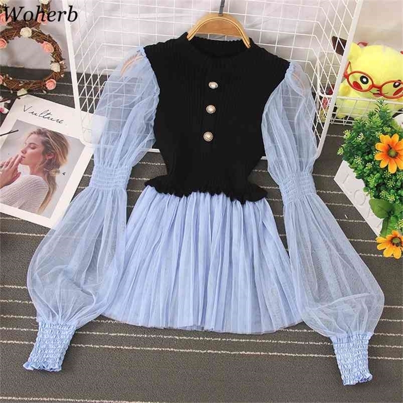 Chic Korean Blouse Women O-neck Pleated Ruffles Shirts Knitted Patchwork Gauze Blouses Lantern Sleeve Sweet Tops 210519