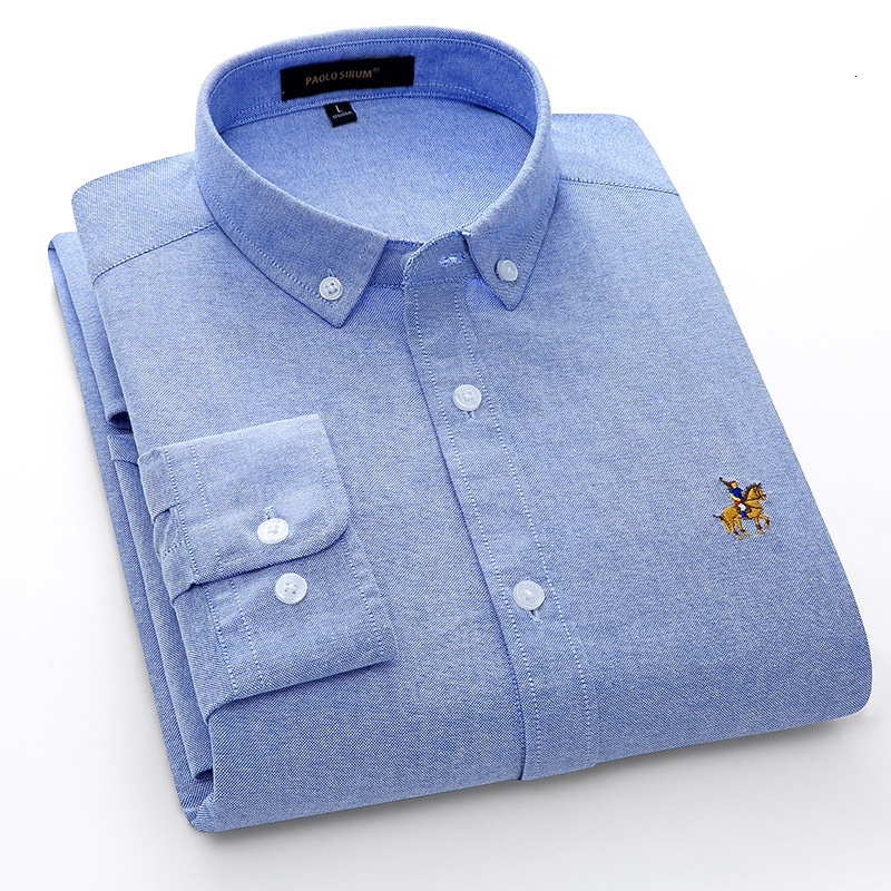 European Cotton Oxford Mens Long Sleeve Solid Color Shirt Large Cotton Embroidery Shirt 210316