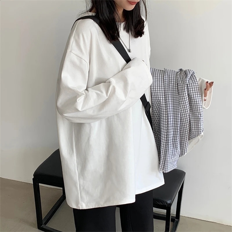 Women Long Sleeve Cotton O-Neck T-ShirtCasual Loose Tops Solid Color Pullover Tee Shirts 250121