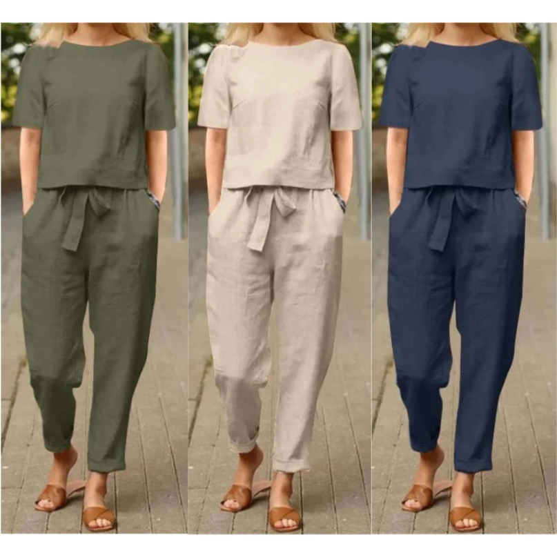 Summer Short Sleeve Sets Women Retro Cotton Solid High Waist Pockets Two Piece Casual Ladies Loose Wide Leg Pants Outifit 240423
