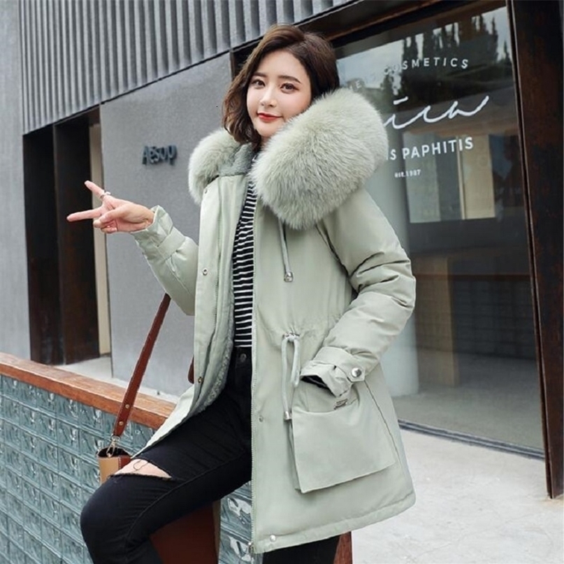 New Cotton Thicken Warm Winter Jacket Coat Women Casual Big Fur Collar Long Parkas Woman Fur Lining Warm Parka Mujer Coats 201019